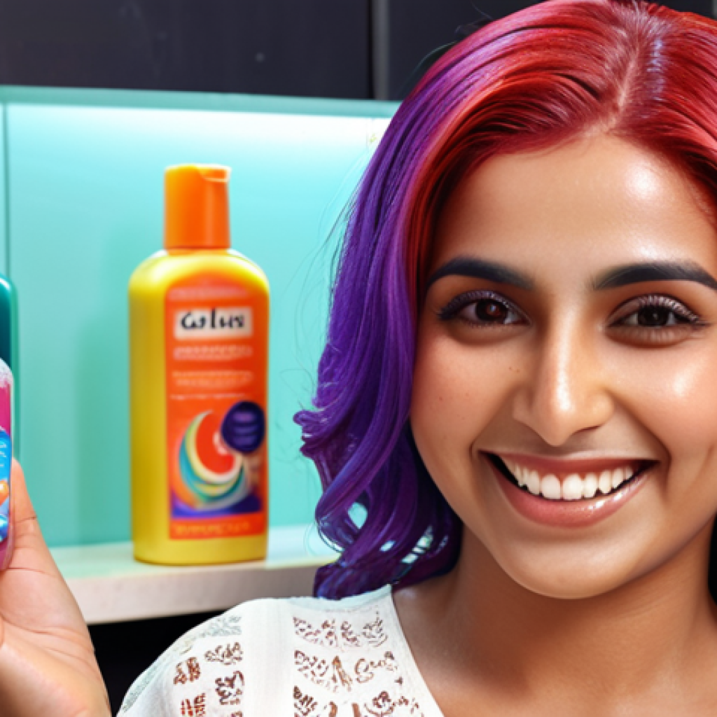 **Urdu woman with vibrant, freshly colored hair, smiling and holding a bottle of color-protecting shampoo.** (Focus: Beautiful hair, shampoo bottle prominently displayed, happy expression.)