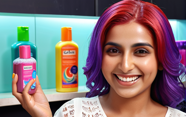 **Urdu woman with vibrant, freshly colored hair, smiling and holding a bottle of color-protecting shampoo.** (Focus: Beautiful hair, shampoo bottle prominently displayed, happy expression.)