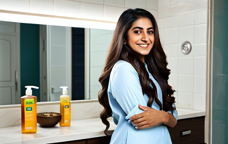 **

"A beautiful Pakistani woman with long, flowing, healthy hair, smiling confidently. She is in a modern bathroom setting with soft lighting. On the counter are bottles of 'OGX Argan Oil of Morocco Shampoo' and 'Shea Moisture Coconut & Hibiscus Conditioner', fully visible. She is wearing modest, traditional Pakistani clothing. safe for work, appropriate content, fully clothed, professional, perfect anatomy, natural pose, high quality, alcohol-free hair care, family-friendly."

**
