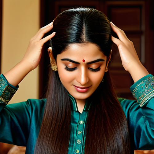 Home 28 **
"A Pakistani woman with healthy, shiny hair, fully clothed in a traditional shalwar kameez, demonstrates oil massage on her scalp in a warm, inviting home setting, appropriate attire, safe for work, professional lighting, natural pose, perfect anatomy, high quality."
**
