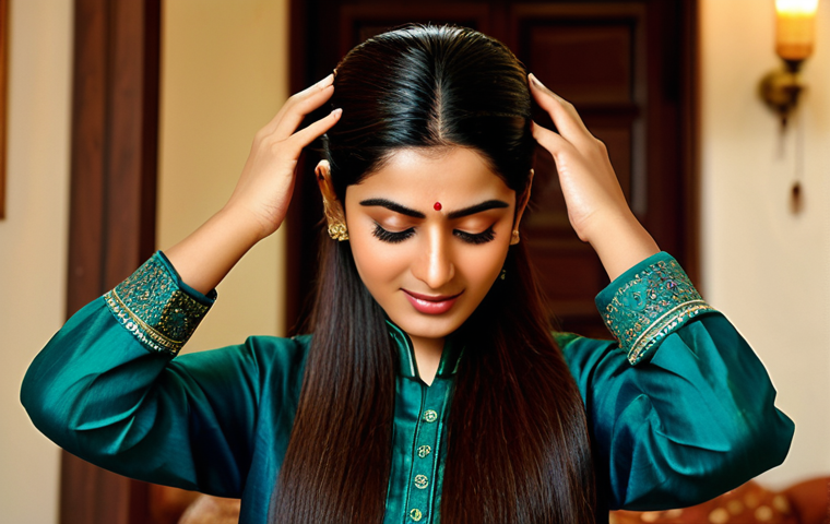 **

"A Pakistani woman with healthy, shiny hair, fully clothed in a traditional shalwar kameez, demonstrates oil massage on her scalp in a warm, inviting home setting, appropriate attire, safe for work, professional lighting, natural pose, perfect anatomy, high quality."

**
