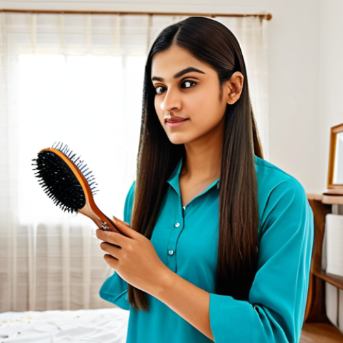 Home 27 **
"A woman with long, straight, healthy-looking hair, fully clothed in modest Pakistani attire, using a paddle brush to gently detangle her hair in a bright, airy bedroom. Safe for work. Focus on the hairbrush and the smooth texture of the hair. Perfect anatomy, natural proportions, professional quality, appropriate content."
**