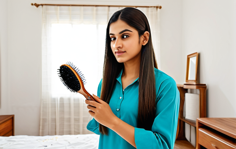 **

"A woman with long, straight, healthy-looking hair, fully clothed in modest Pakistani attire, using a paddle brush to gently detangle her hair in a bright, airy bedroom. Safe for work.  Focus on the hairbrush and the smooth texture of the hair. Perfect anatomy, natural proportions, professional quality, appropriate content."

**