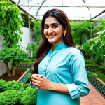 **

A professional woman in modest, traditional Pakistani clothing, smiling warmly while tending to a lush indoor garden. Focus on her healthy, shiny hair. The scene is bright and inviting. safe for work, appropriate content, fully clothed, professional photography, perfect anatomy, natural proportions, family-friendly, well-formed hands, proper finger count, natural body proportions.

**