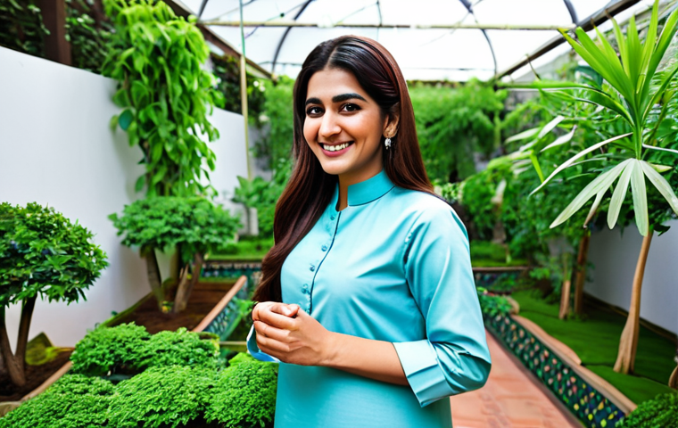 **

A professional woman in modest, traditional Pakistani clothing, smiling warmly while tending to a lush indoor garden. Focus on her healthy, shiny hair. The scene is bright and inviting. safe for work, appropriate content, fully clothed, professional photography, perfect anatomy, natural proportions, family-friendly, well-formed hands, proper finger count, natural body proportions.

**