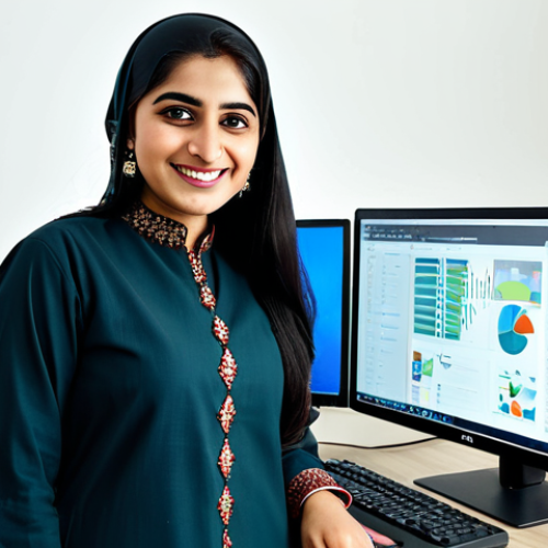 Home 12 **
A Pakistani woman, a successful software engineer, wearing a modest shalwar kameez in a modern office in Karachi. She is smiling and looking at a computer screen. The office is bright and airy, with traditional Pakistani art on the walls. Perfect anatomy, correct proportions, natural pose, professional attire, fully clothed, safe for work, appropriate content, high quality.
**