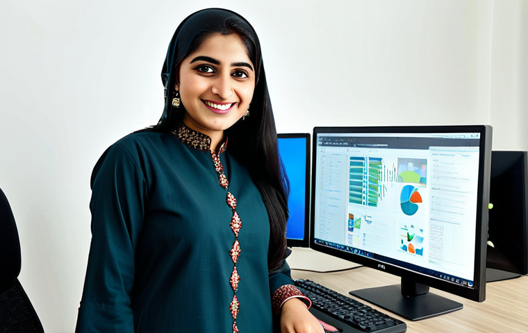 **

A Pakistani woman, a successful software engineer, wearing a modest shalwar kameez in a modern office in Karachi. She is smiling and looking at a computer screen. The office is bright and airy, with traditional Pakistani art on the walls. Perfect anatomy, correct proportions, natural pose, professional attire, fully clothed, safe for work, appropriate content, high quality.

**